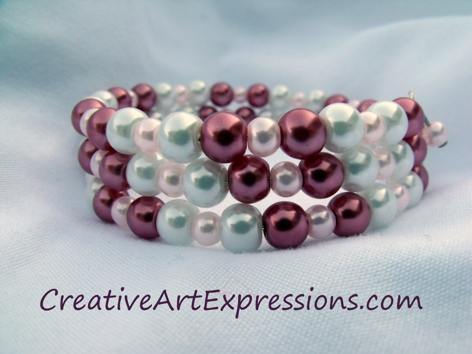 Creative Art Expressions Handmade Cranberry Pink & White Glass Pearl Memory Wire Bracelet Jewelry Design